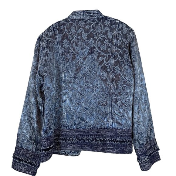 Coldwater Creek Distressed Satiny Velvet Brocade Open Front Jacket Blue Size L - Picture 2 of 9